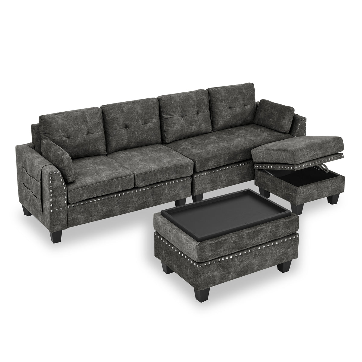 Sectional 3-Seaters Sofa ,Double-sided multi-functional footstool, storage mat , Non-slip leg, two pillows, Velvet, Dark grey W487S00236-djyc