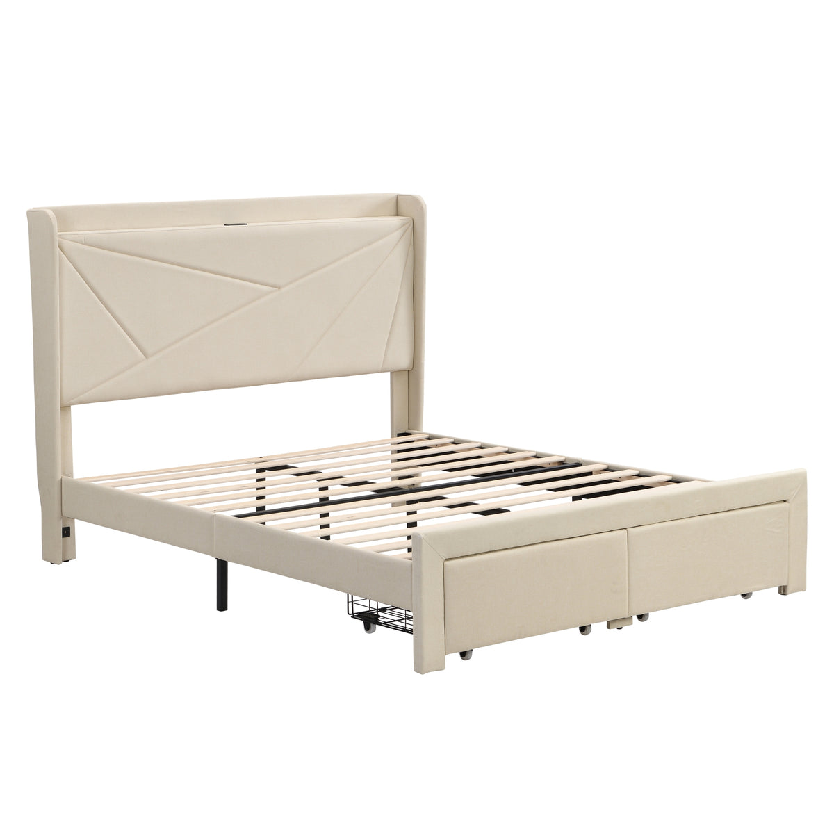 Full Size Bed Frame with 2 Storage Drawers, Upholstered Bed Frame with Wingback Headboard Storage Shelf Built-in USB Charging Stations and Strong Wood Slats Support, No Box Spring Needed, Beige W1916126256-djyc