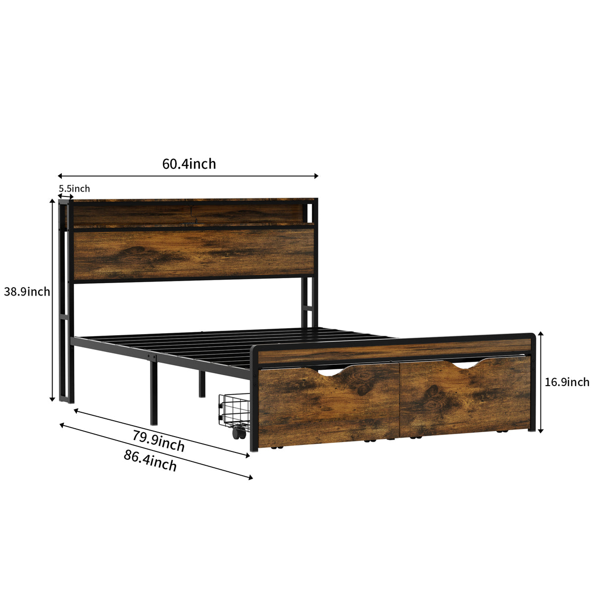 Queen Size Bed Frame with Storage Headboard and 2 Drawers, LED Lights Bed with Charging Station, Metal Platform Bed No Noise, Mattress Foundation Strong Metal Slats Support No Box Spring Needed W1903P150104-djyc