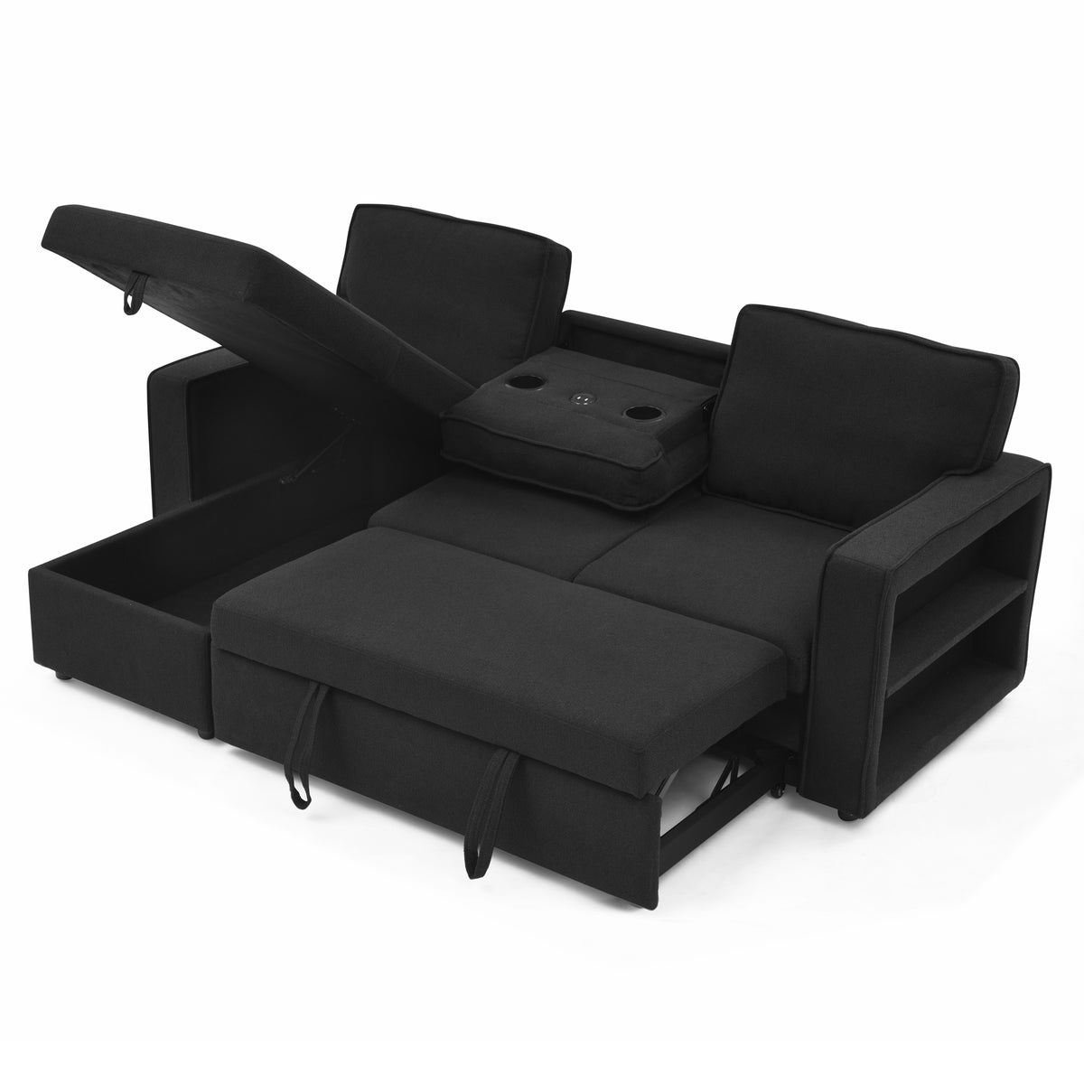 Linen Upholstered Sleeper Sectional Sofa, Shaped Modular Convertible Sofa with Storage Chaise,There are two cup holders in the middle and USB multi-interface function,Pull Out Sleep Couch Bed ,Black W487S00246-djyc