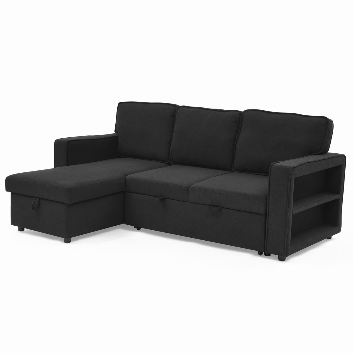 Linen Upholstered Sleeper Sectional Sofa, Shaped Modular Convertible Sofa with Storage Chaise,There are two cup holders in the middle and USB multi-interface function,Pull Out Sleep Couch Bed ,Black W487S00246-djyc