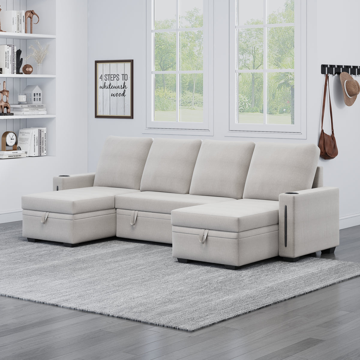 Sectional Sofa with Storage, 96" U Shaped Sectional Couches for Living Room, Comfy Convertible Sectional Sofa- Beige W1669S00007-djyc