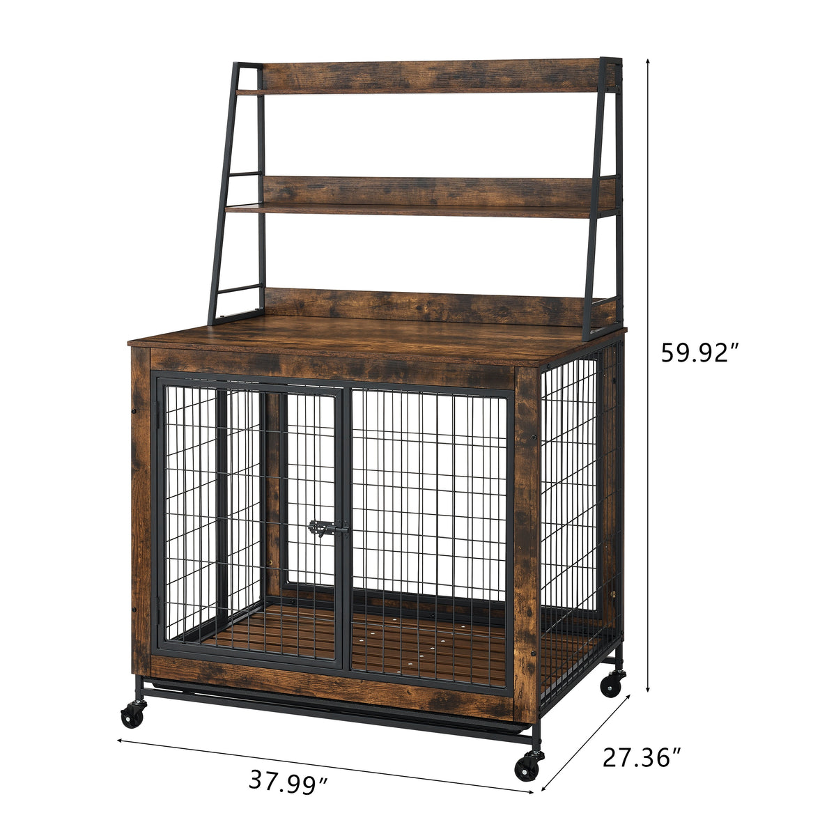 Furniture type dog cage iron frame door with cabinet, two door design, Rustic Brown,37.99"WX27.36"DX59.92"H W1903P151284-djyc