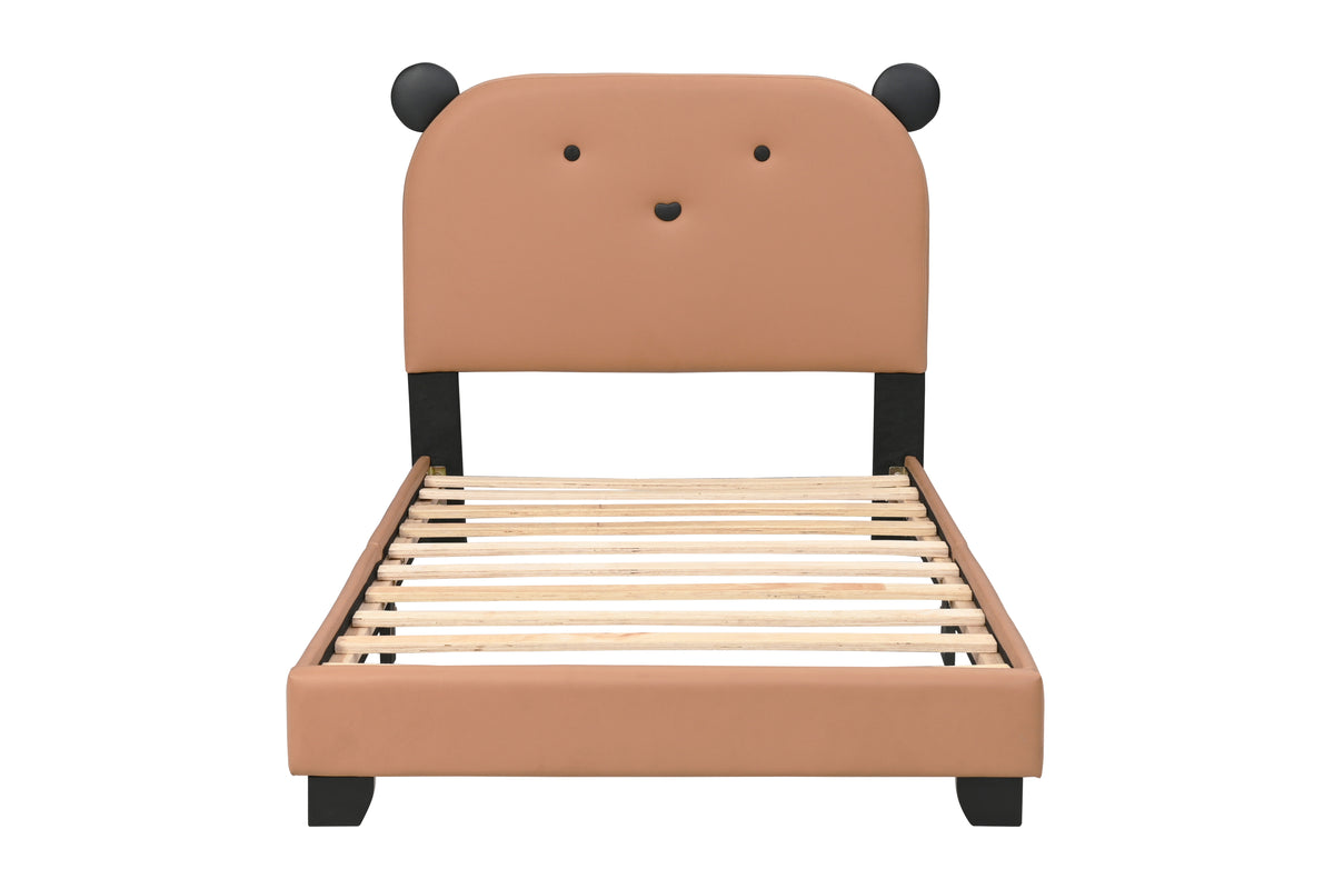 Upholstered Twin Size Platform Bed for Kids, Wooden Bed Frame with Slatted Bed Base, No Box Spring Needed, Cute Bed Frame with Bear Design Headboard for Girls Boys Teens, Brown W1998124482-djyc