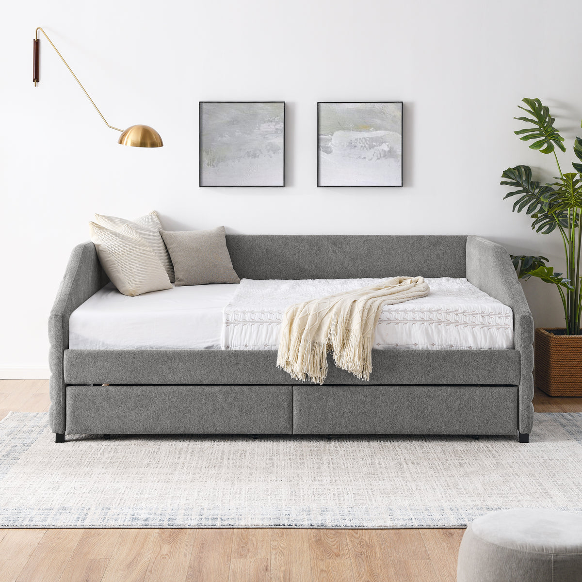 Queen Size Daybed with Two Drawers Trundle Upholstered Tufted Sofa Bed, Linen Fabric, Grey (88"x64.5"x34") W487S00167-djyc