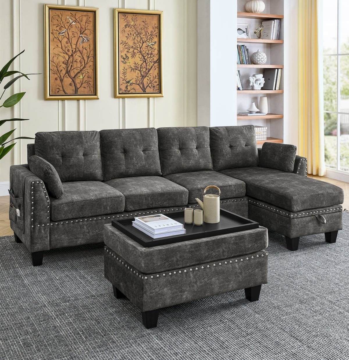 Sectional 3-Seaters Sofa ,Double-sided multi-functional footstool, storage mat , Non-slip leg, two pillows, Velvet, Dark grey W487S00236-djyc