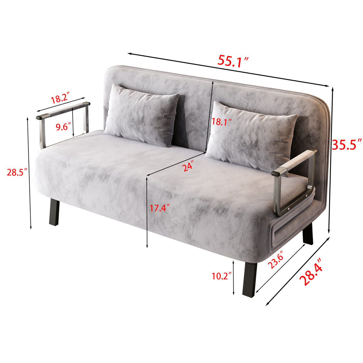 velvet light gray 55″ Convertible Chair Bed, Tri-Fold Sofa Bed with Adjustable Backrest & Pillow, Leisure Chaise Lounge Couch with Sturdy Steel Frame for Home & Office, Comfortable Sleeper Chair W1767P145839-djyc