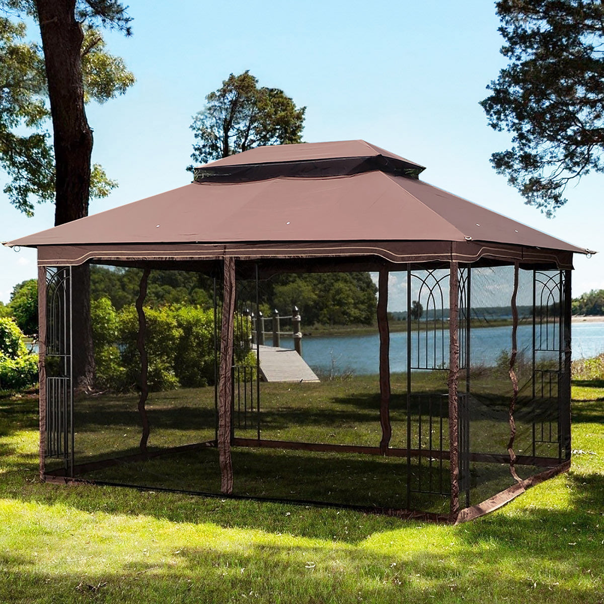 13x10 Outdoor Patio Gazebo Canopy Tent With Ventilated Double Roof And Mosquito net(Detachable Mesh Screen On All Sides),Suitable for Lawn, Garden, Backyard and Deck,Brown Top W41933760-djyc
