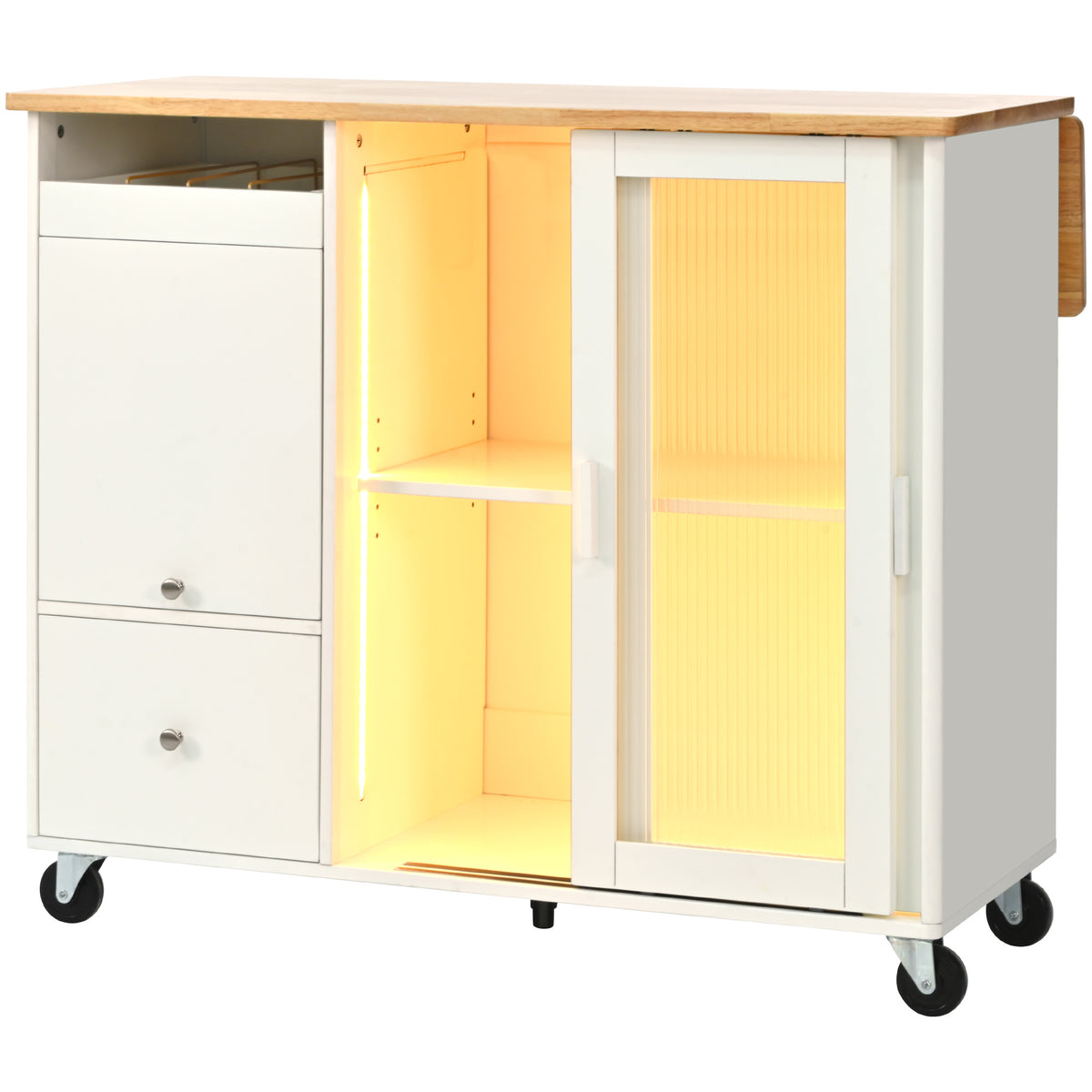 Kitchen Island with Drop Leaf, LED Light Kitchen Cart on Wheels with 2 Fluted Glass Doors and 1 Flip Cabinet Door, Large Kitchen Island Cart with an Adjustable Shelf and 2 Drawers (White) WF311171AAW-djyc