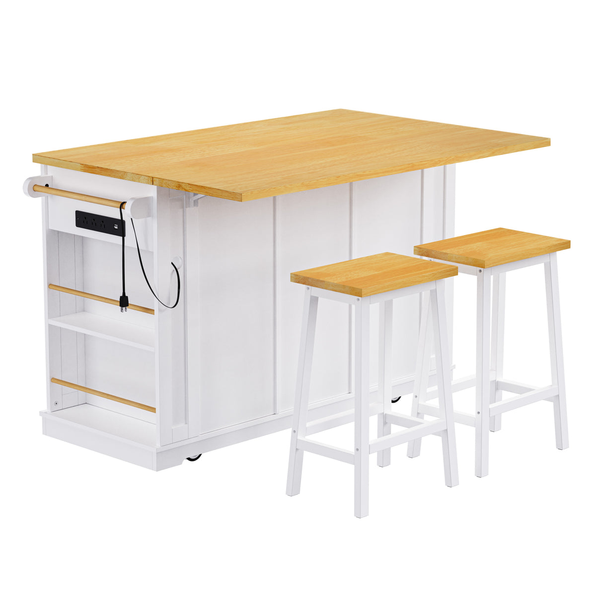 K&K 53inch Large Kitchen Island with 2 Bar Stools, Power Outlet,Door Internal Storage Rack, Kitchen Storage Cart on 5 Wheels with Drop Leaf, 5 Open Side Racks, 3 Drawers, for Kitchen,Dining Room,White N707S000007W-djyc