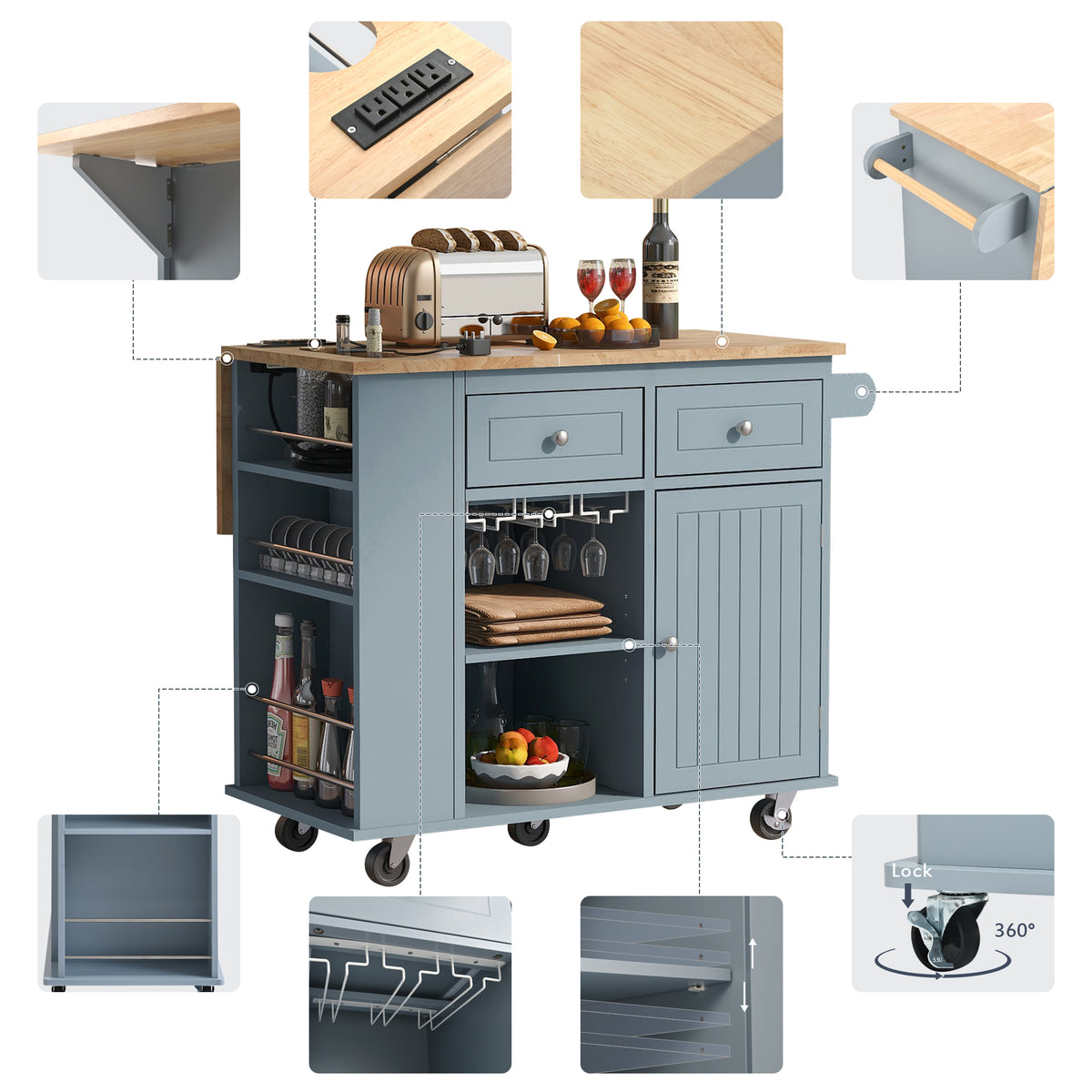 Kitchen Island with Power Outlet,Kitchen Storage Island with Drop Leaf and Rubber Wood,Open Storage and Wine Rack,5 Wheels,with Adjustable Storage for Home, Kitchen, and Dining Room, Grey Blue WF305556AAG-djyc