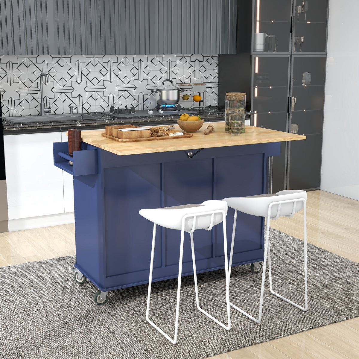 Rolling Mobile Kitchen Island with Drop Leaf - Solid Wood Top, Locking Wheels & Storage Cabinet 52.7 Inch Width(Dark blue) WF287035AAN-djyc