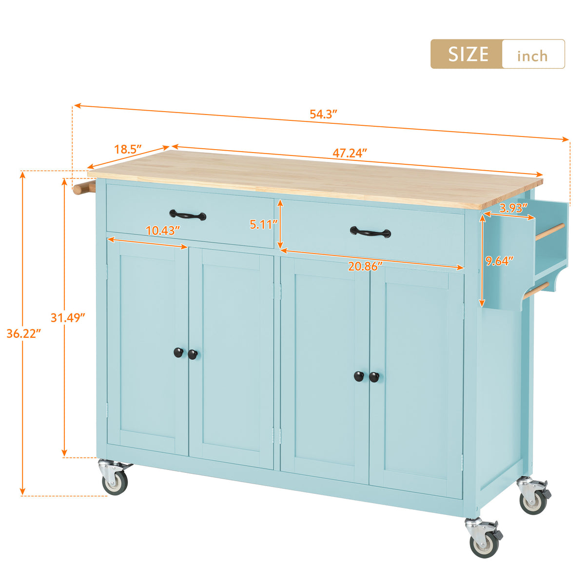 Kitchen Island Cart with 4 Door Cabinet and Two Drawers and 2 Locking Wheels - Solid Wood Top, Adjustable Shelves, Spice & Towel Rack(Mint Green) WF286911AAN-djyc