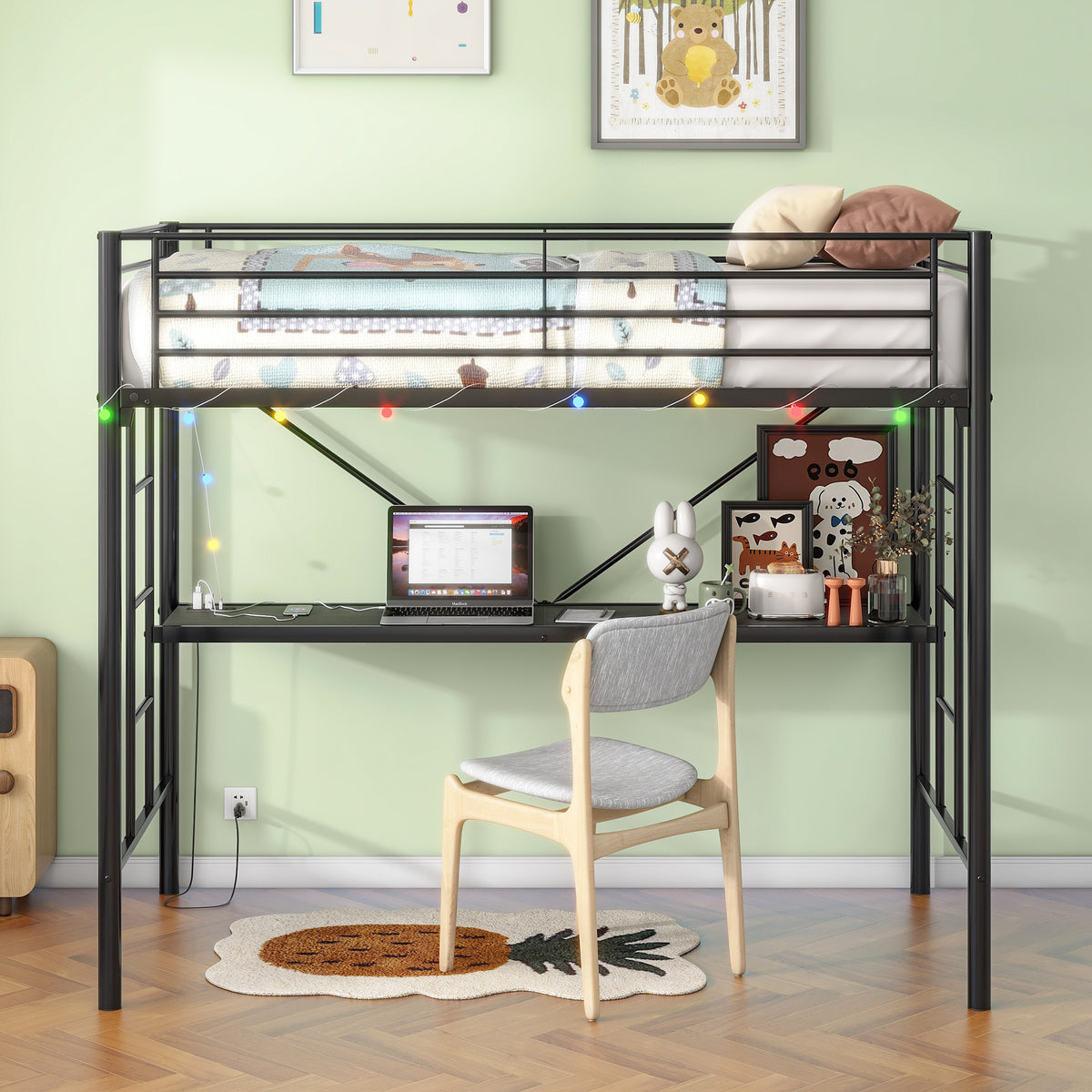 Twin Metal Loft Bed with Desk, Power Outlet and LED Lighted , Safety Guard & Ladder, No Box Spring Needed, Black W840P192240-djyc