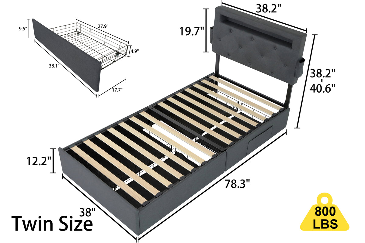 Twin Bed Frame with USB Charging Station & LED Lights, Twin Bed Frame with Headboard & 4 Storage Drawers, D W1960P175562-djyc