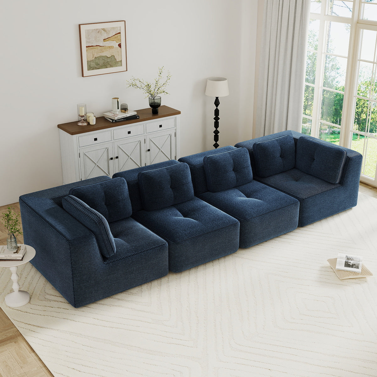 Modern Modular Sectional Sofa for Living Room, Corduroy Fabric, Oversized 4-Seaterwith Deep Seat , Pearl-like piping, Tufted Design, No Assembly, Anti-slip Design, Blue-W714S01804