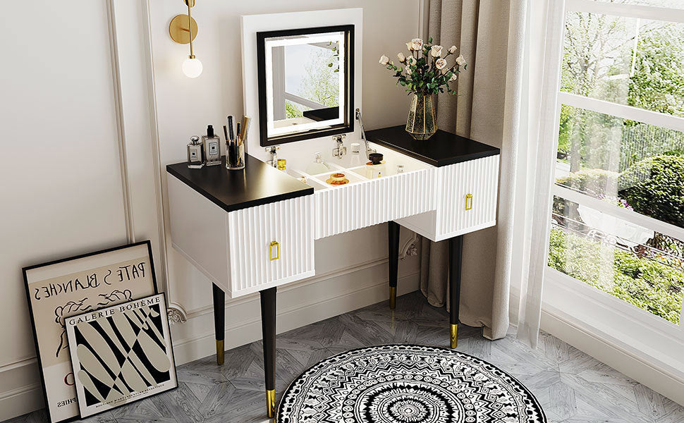 43.3" Modern Vanity Table Set with Flip-top Mirror and LED Light, Dressing Table with Customizable Storage, White and Black WF305842AAA-djyc