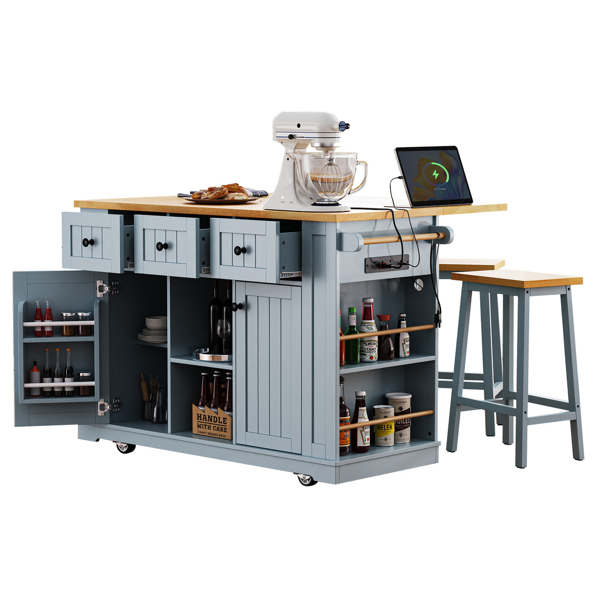 K&K 53inch Large Kitchen Island with 2 Bar Stools, Power Outlet,Door Internal Storage Rack,Kitchen Storage Cart on 5 Wheels with Drop Leaf,5 Open Side Racks,3 Drawers for Kitchen,Dining Room,Grey Blue N707S000007G-djyc