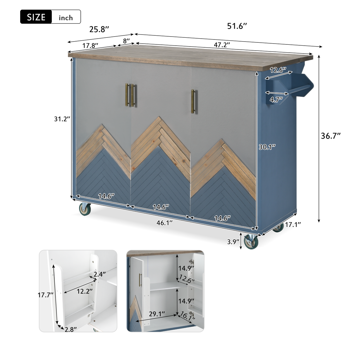Retro Mountain Wood 47"D Kitchen Island with Drop Leaf, Accent Cabinet with Internal Storage Rack, Farmhouse Rolling Kitchen Cart on Wheels for Living Room, Kitchen, Dining Room (Navy Blue) WF315658AAG-djyc