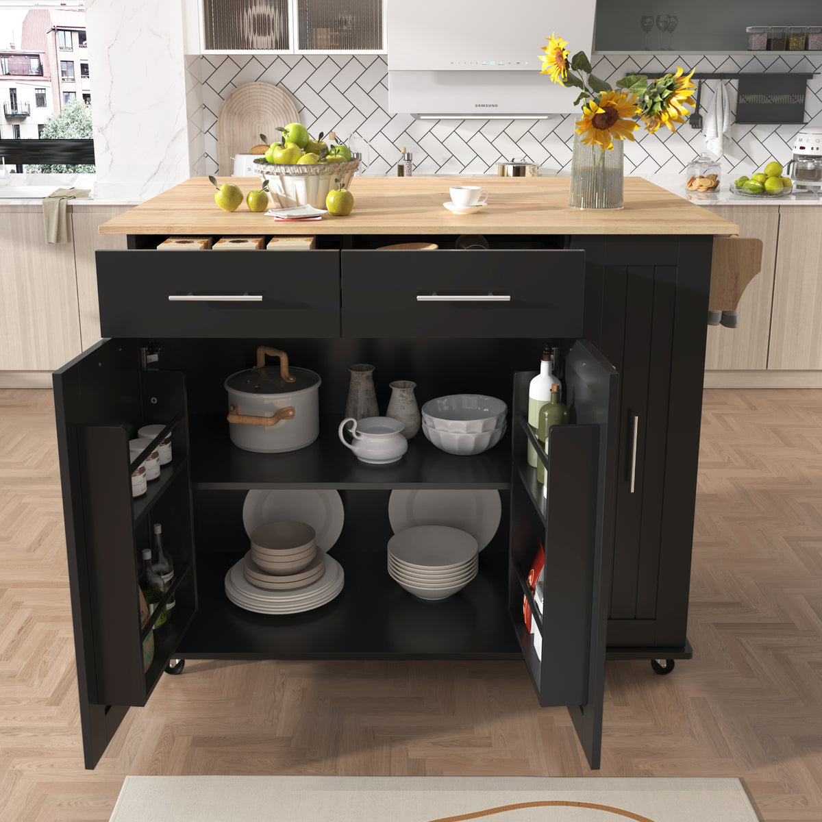 K&K Kitchen Island with Drop Leaf, Kitchen Storage Cart with 3 Tier Pull Out Cabinet Organizer, Internal Storage Rack, Rolling Kitchen Cart on Wheels with Towel Rack, 2 Drawers, for Kitchen, Black WF531421AAB-djyc