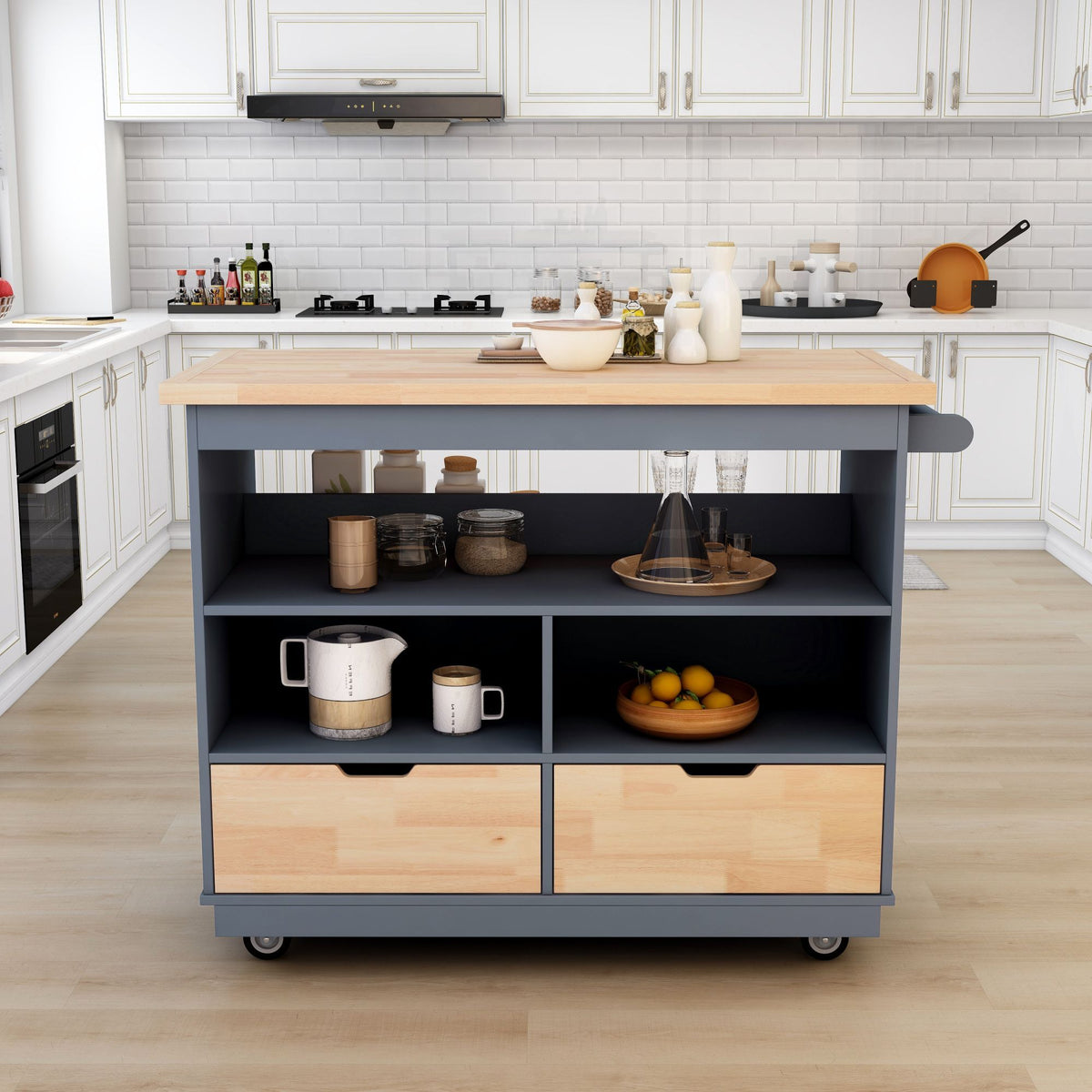 Rolling Kitchen Island with Storage, Two-sided Kitchen island Cart on Wheels with Wood Top, Wine and Spice Rack, Large Kitchen Cart with 2 Drawers, 3 Open Compartments, Grey Blue WF318964AAG-djyc