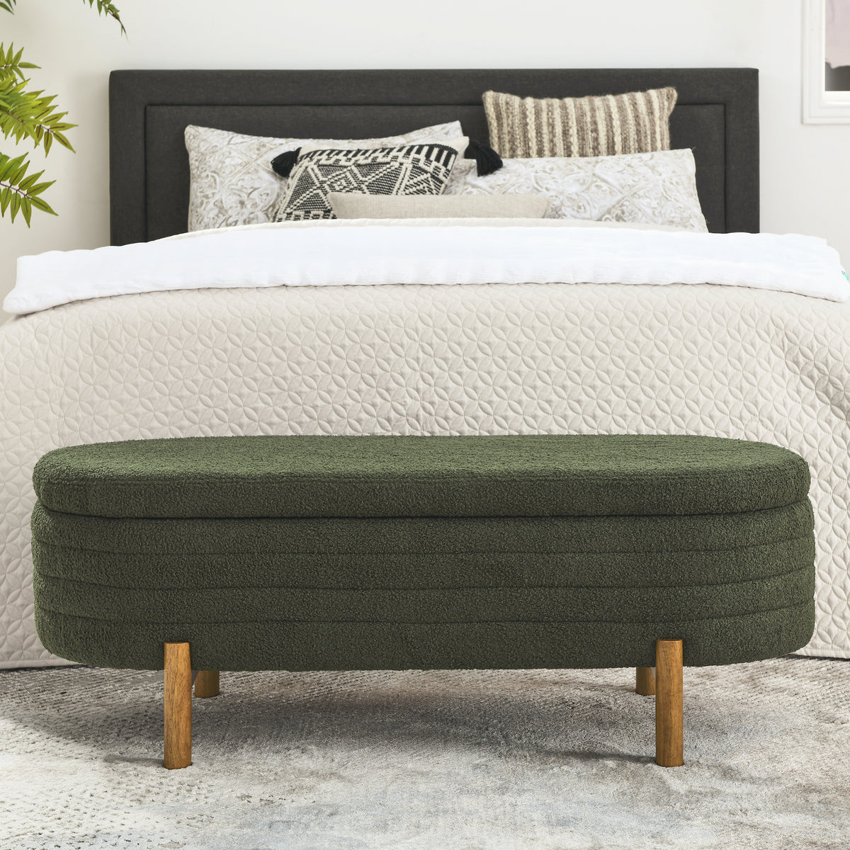 Ottoman Oval Storage Bench,Rubber Wood Leg, Green(46."x17.7"x10.8") W487P178761-djyc