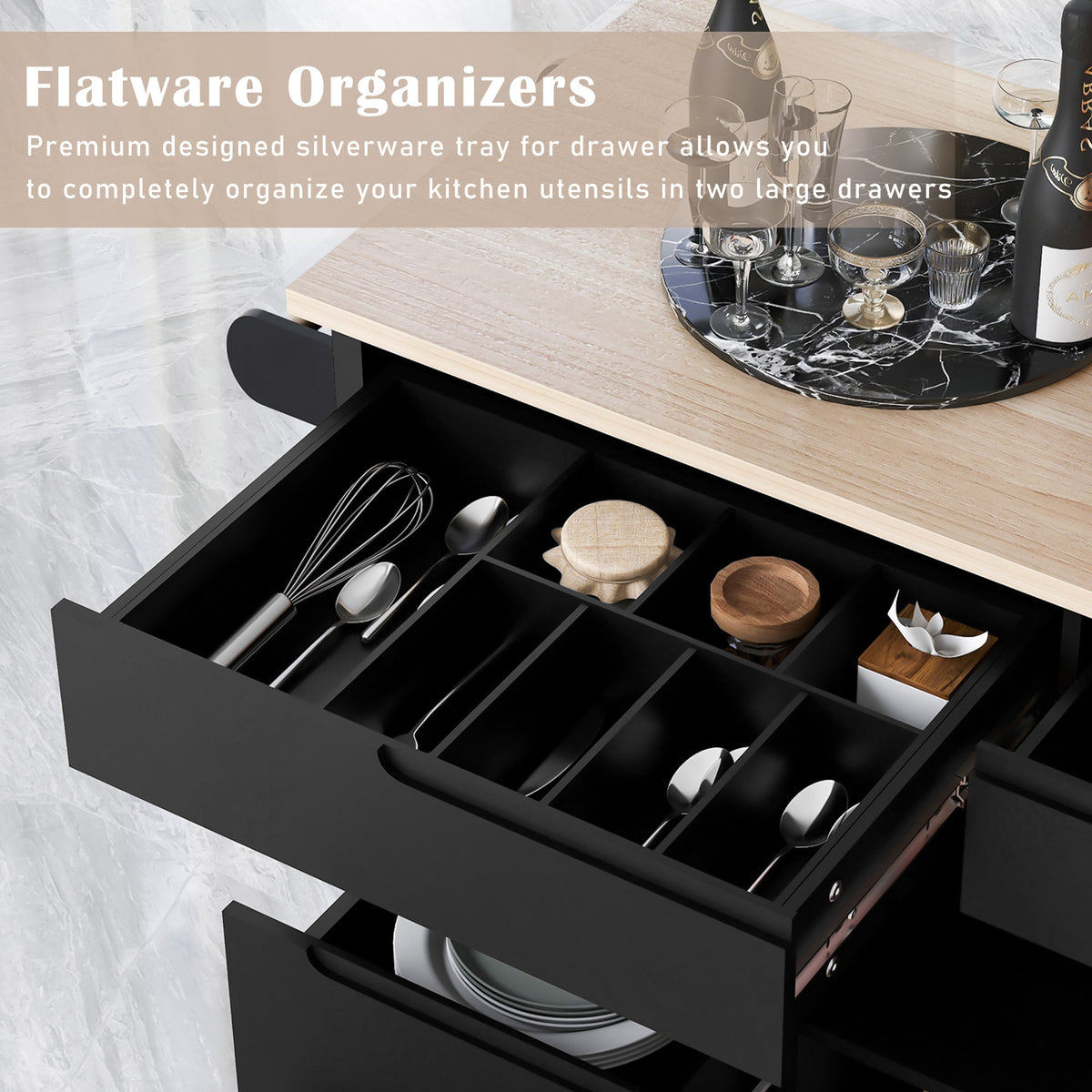 K&K Store Kitchen Cart with Rubber Wood Countertop , Kitchen Island has 8 Handle-Free Drawers Including a Flatware Organizer and 5 Wheels for Kitchen Dinning Room, Black SK000002AAB-djyc