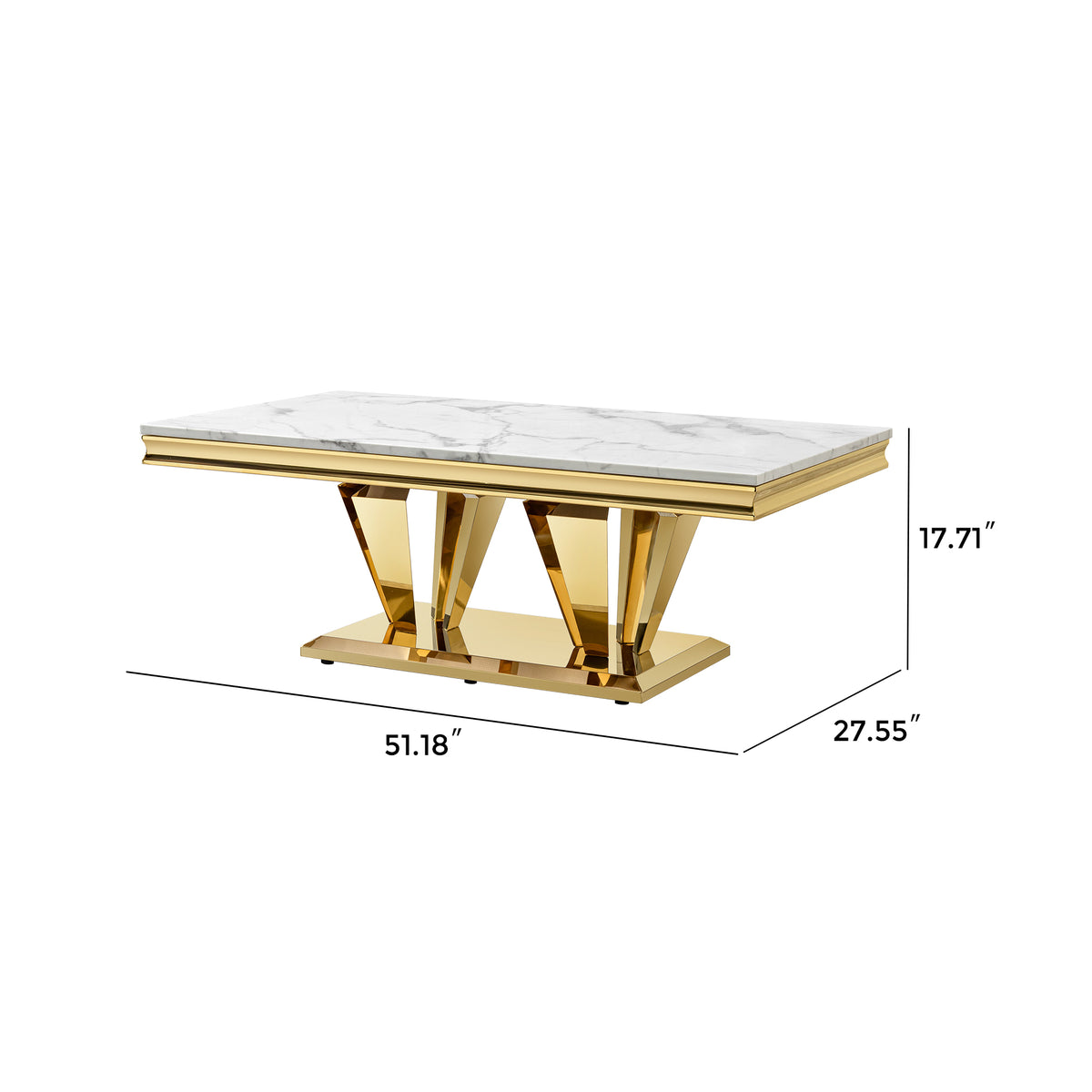 51.18" Modern Rectangular 0.78" Thick MDF Marble Pattern Top, Coffee Table Stainless Steel Base with Gold Mirror Finish W2723S00009-djyc