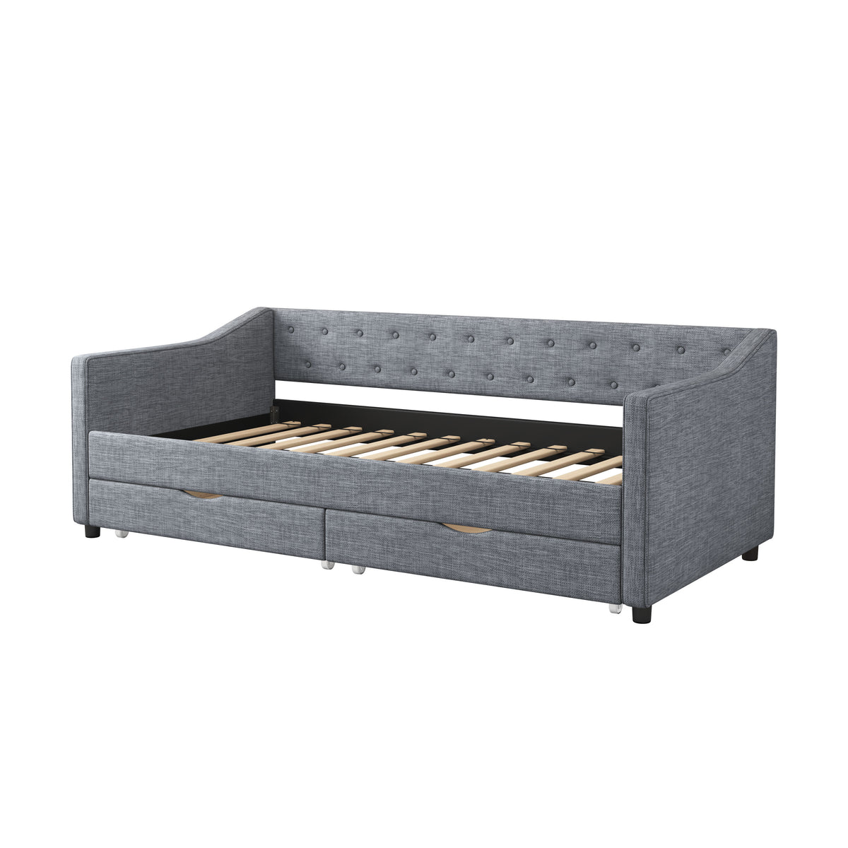 Twin Size Daybed with Drawers Upholstered Tufted Sofa Bed, with Button on Back and Piping on Waved Shape Arms-Light Grey W2336S00005-djyc