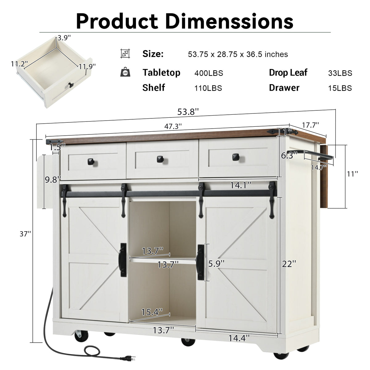 K&K 53.7" Farmhouse Kitchen Island with Power Outlet, 2 Sliding Barn Door Kitchen Storage Island with Drop Leaf, Spice Rack Rolling Kitchen Cart on Wheels, for Home, Kitchen and Dining Room, White N707P170347W-djyc