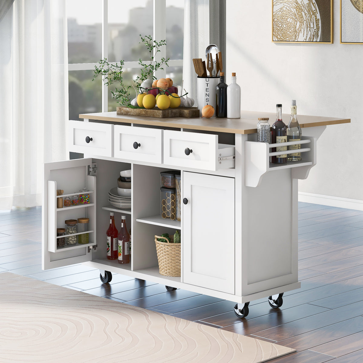 Kitchen Cart with Rubber wood Drop-Leaf Countertop ,Cabinet door internal storage racks,Kitchen Island on 5 Wheels with Storage Cabinet and 3 Drawers for Dinning Room,White WF298028AAW-djyc