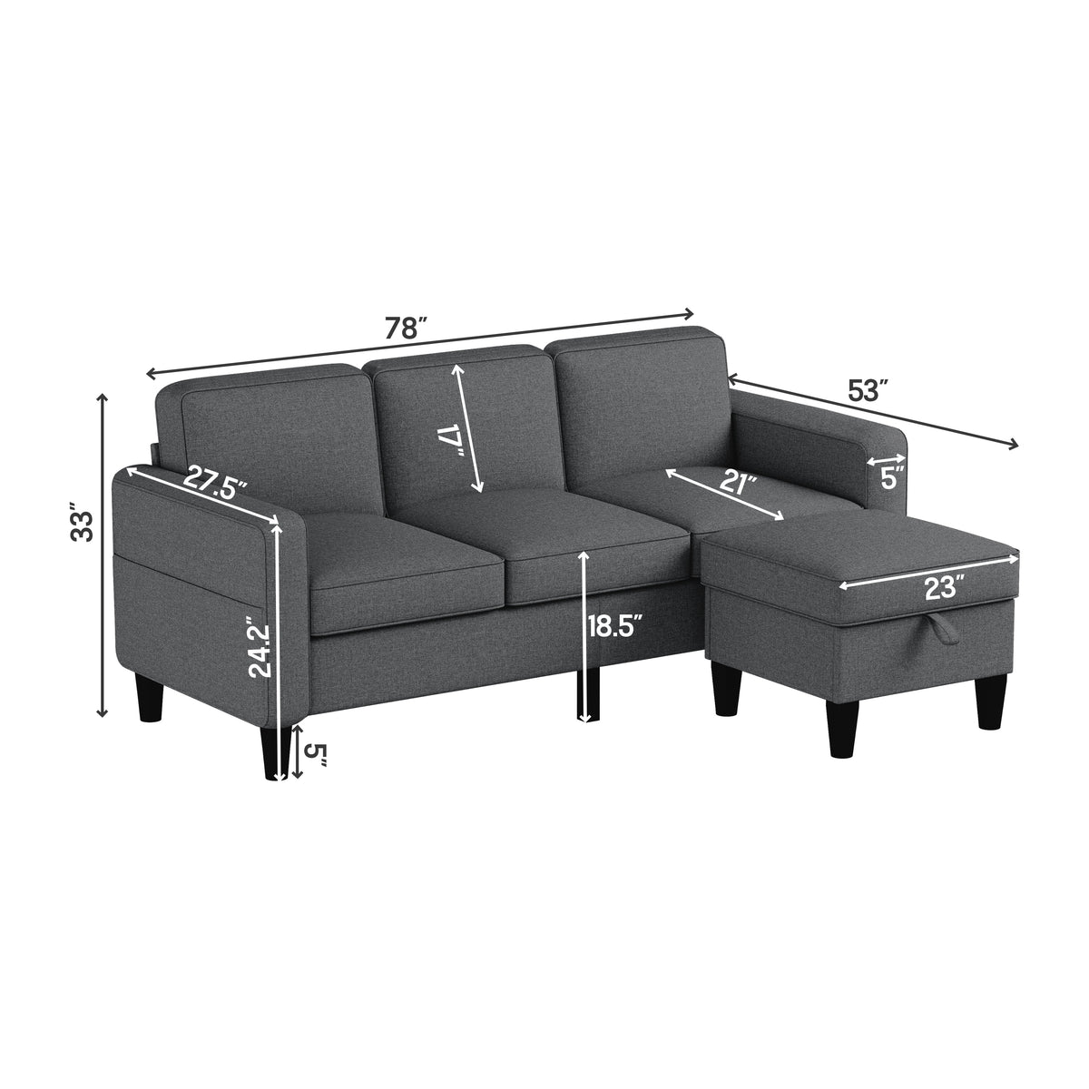 Sofas for families, apartments, dorms, bonus rooms, compact Spaces with lounge lounges, 3 seater, L-shaped design for the chaise, 680 LBS capacity - dark grey W1793138477-djyc