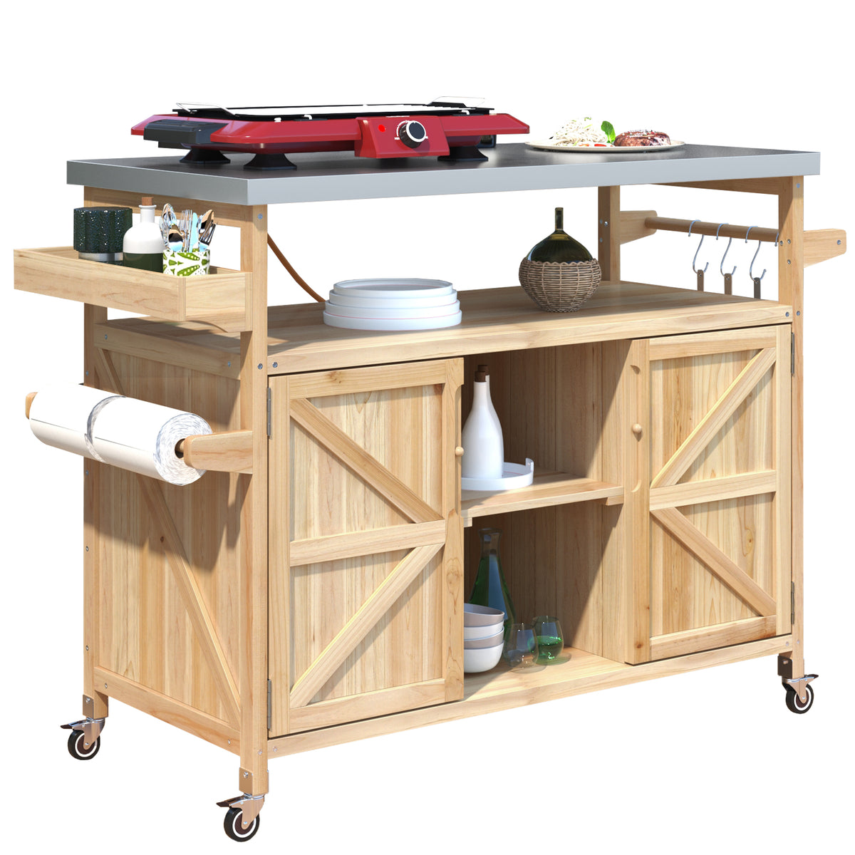 K&K Outdoor Kitchen Island, Rolling Bar Cart & Storage Cabinet, Farmhouse Solid Wood Outdoor Grill Table with Stainless Steel Top, Spice Rack , Towel Rack for Kitchen & BBQ , Natural WF532198AAY-djyc