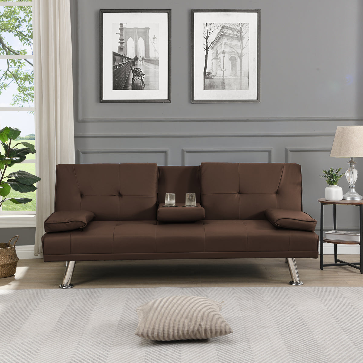 Sofa Bed with Armrest two holdersWOOD FRAME, STAINLESS LEG, FUTON BROWNPVC W214107246-djyc