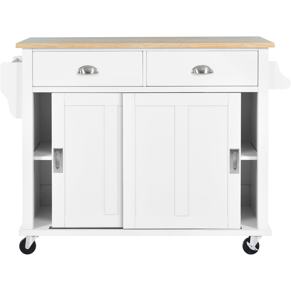 Kitchen Cart with Rubber wood Drop-Leaf Countertop, Concealed sliding barn door adjustable height,Kitchen Island on 4 Wheels with Storage Cabinet and 2 Drawers,L52.2xW30.5xH36.6 inch, White SK000001AAW-djyc