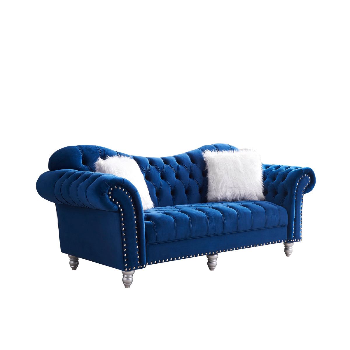 3 Piece Living Room Sofa Set, including 3-Seater Sofa, Loveseat and Sofa Chair, with Button and Copper Nail on Arms and Back, Five White Villose Pillow, Blue. W487S00051-djyc