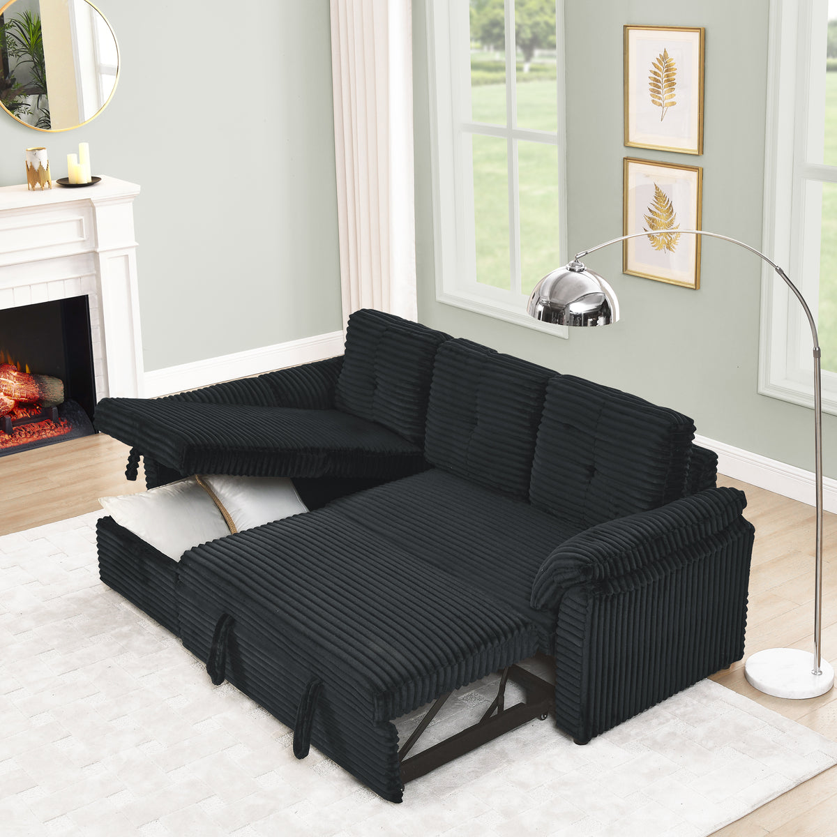 Corduroy Tufted Upholstered Sleeper Sectional Sofa, L-Shaped Modular Convertible Sofa with Reversible Storage Chaise, Pull Out Sleep Couch Bed and Reclining Backrest Perfect for Living Space, Black W487S00227-djyc