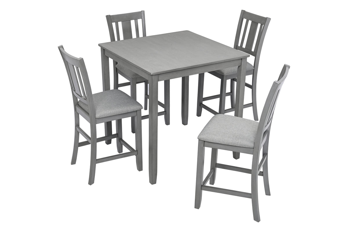 5 Piece Dining Table Set, Wooden Dining Square Table Set for 4, Counter Height Kitchen Table Set with Square Table and 4 Upholstered Chairs for Small Space, Gray W1998S00031-djyc