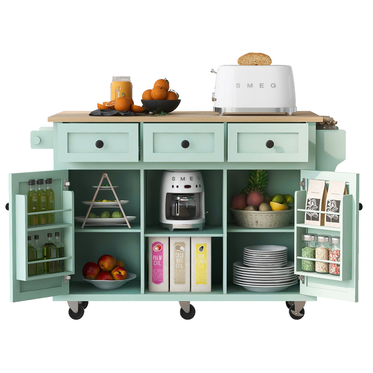 Kitchen Cart with Rubber wood Drop-Leaf Countertop ,Cabinet door internal storage racks,Kitchen Island on 5 Wheels with Storage Cabinet and 3 Drawers for Dinning Room, Mint Green WF298028AAE-djyc