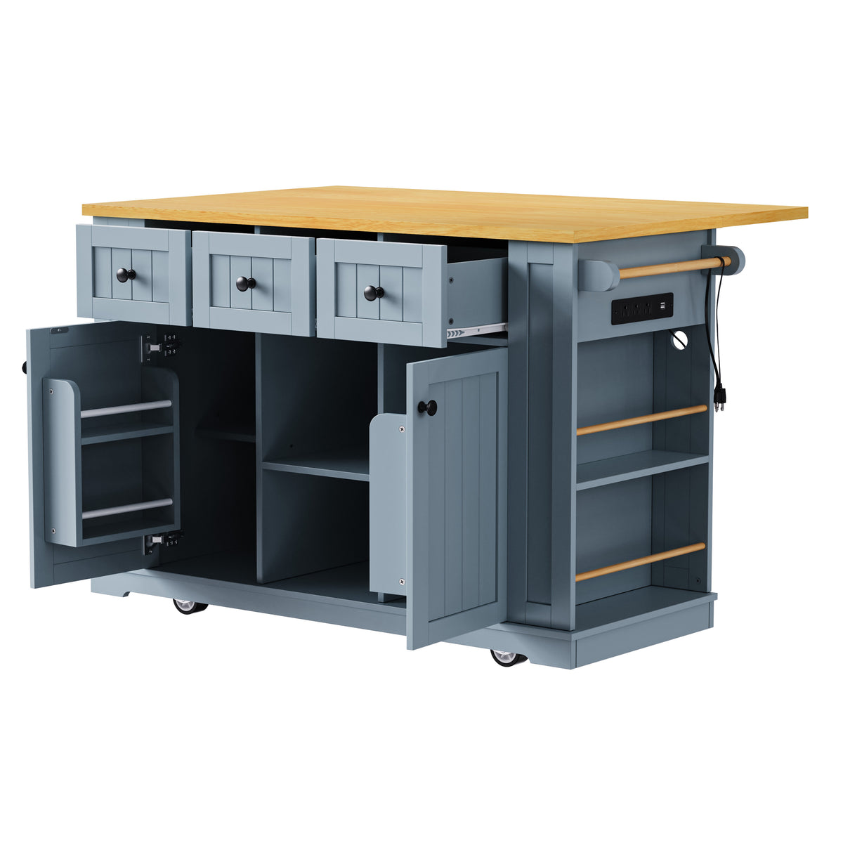 K&K 53inch Large Kitchen Island with Drop Leaf,Power Outlet,Door Internal Storage Rack,Rolling Kitchen Cart on 5 Wheels with 5 Open Side Racks for Kitchen,Dining Room,Grey Blue(Not include bar stools) N707P185531G-djyc