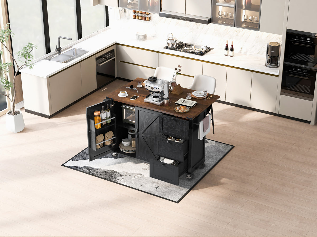 K&K 54.5" Farmhouse Kitchen Island with Power Outlet, Kitchen Storage Islandwith Internal Storage Rack, Drop Leaf, Spice Rack, Rolling Kitchen Cart on Wheels, for Home, Kitchen and Dining Room,Black N707P170349B-djyc