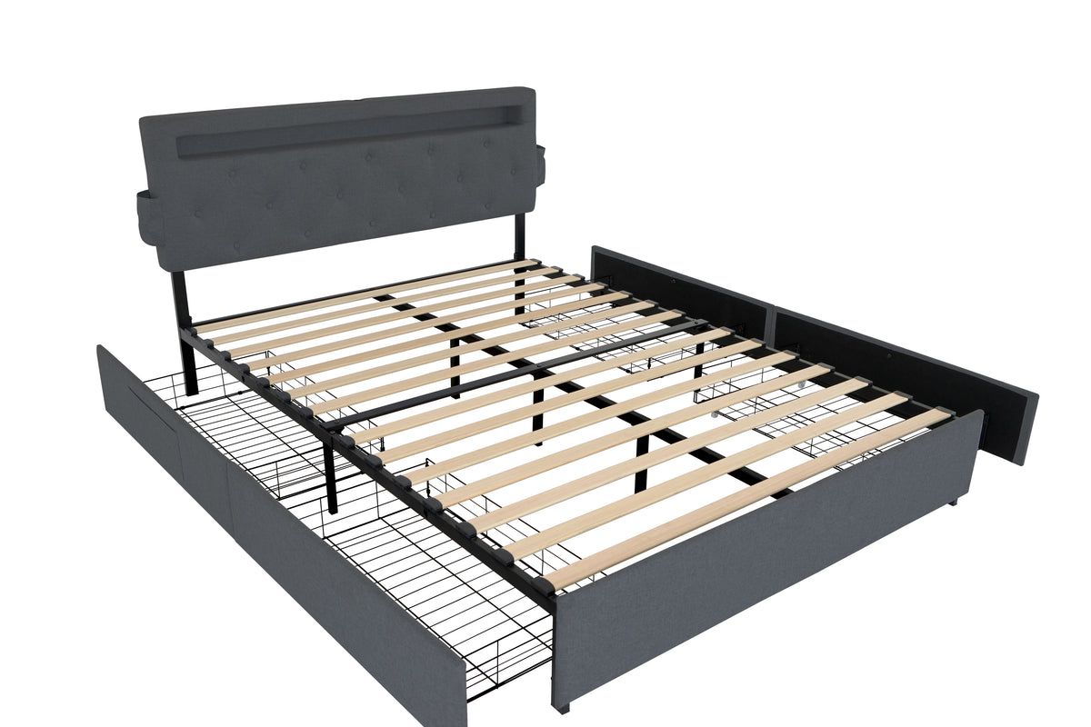 Queen Bed Frame with USB Charging Station & LED Lights, Queen Bed Frame with Headboard & 4 Storage Drawers, D W1960P175566-djyc