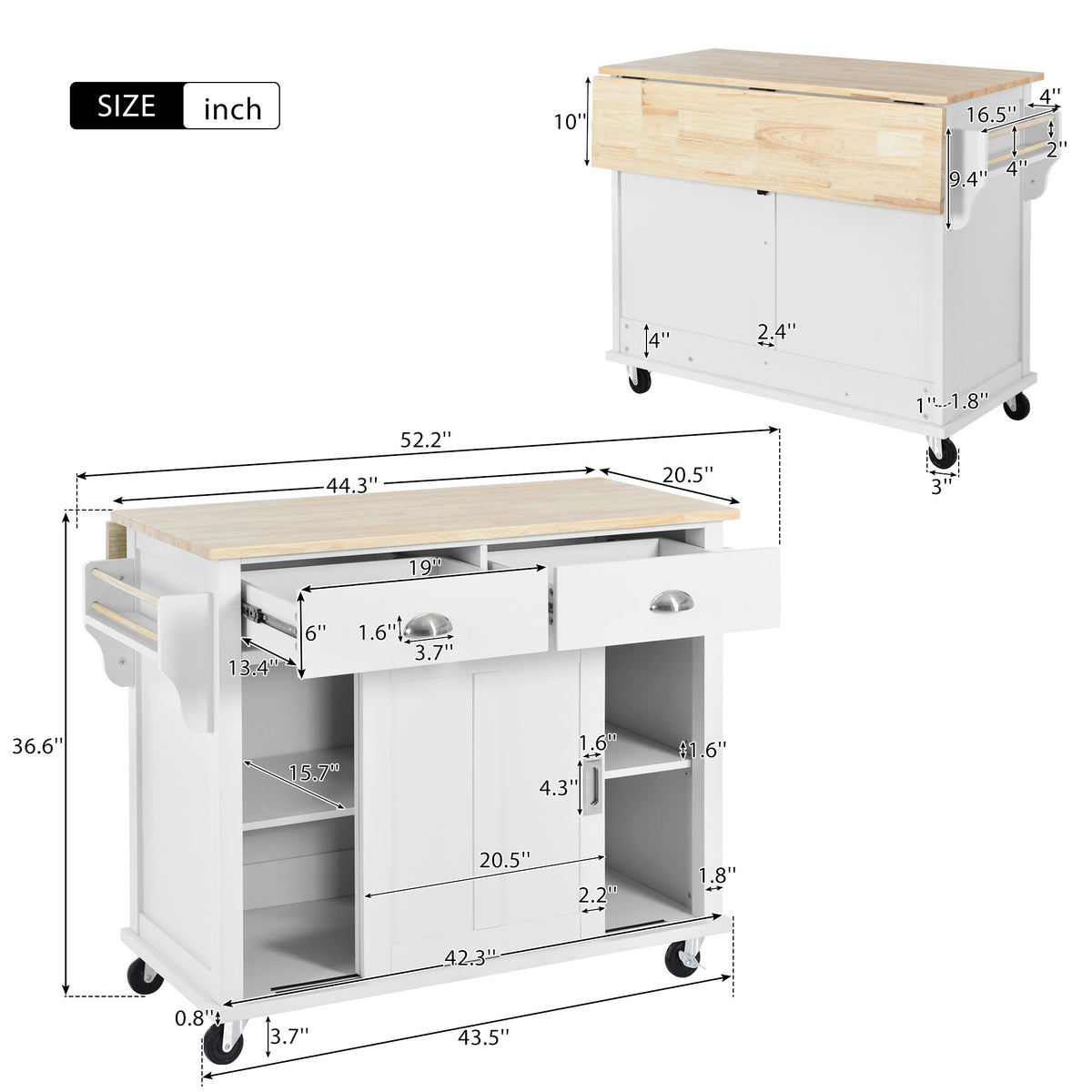 Kitchen Cart with Rubber wood Drop-Leaf Countertop, Concealed sliding barn door adjustable height,Kitchen Island on 4 Wheels with Storage Cabinet and 2 Drawers,L52.2xW30.5xH36.6 inch, White SK000001AAW-djyc