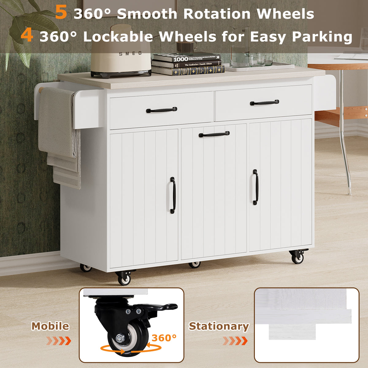 K&K Kitchen Island with Trash Can Storage Cabinet, Kitchen Cart with Drop Leaf, Spice Rack, Towel Rack and Drawer, Rolling Kitchen Island on Wheels with Adjustable Shelf, White WF326381AAW-djyc