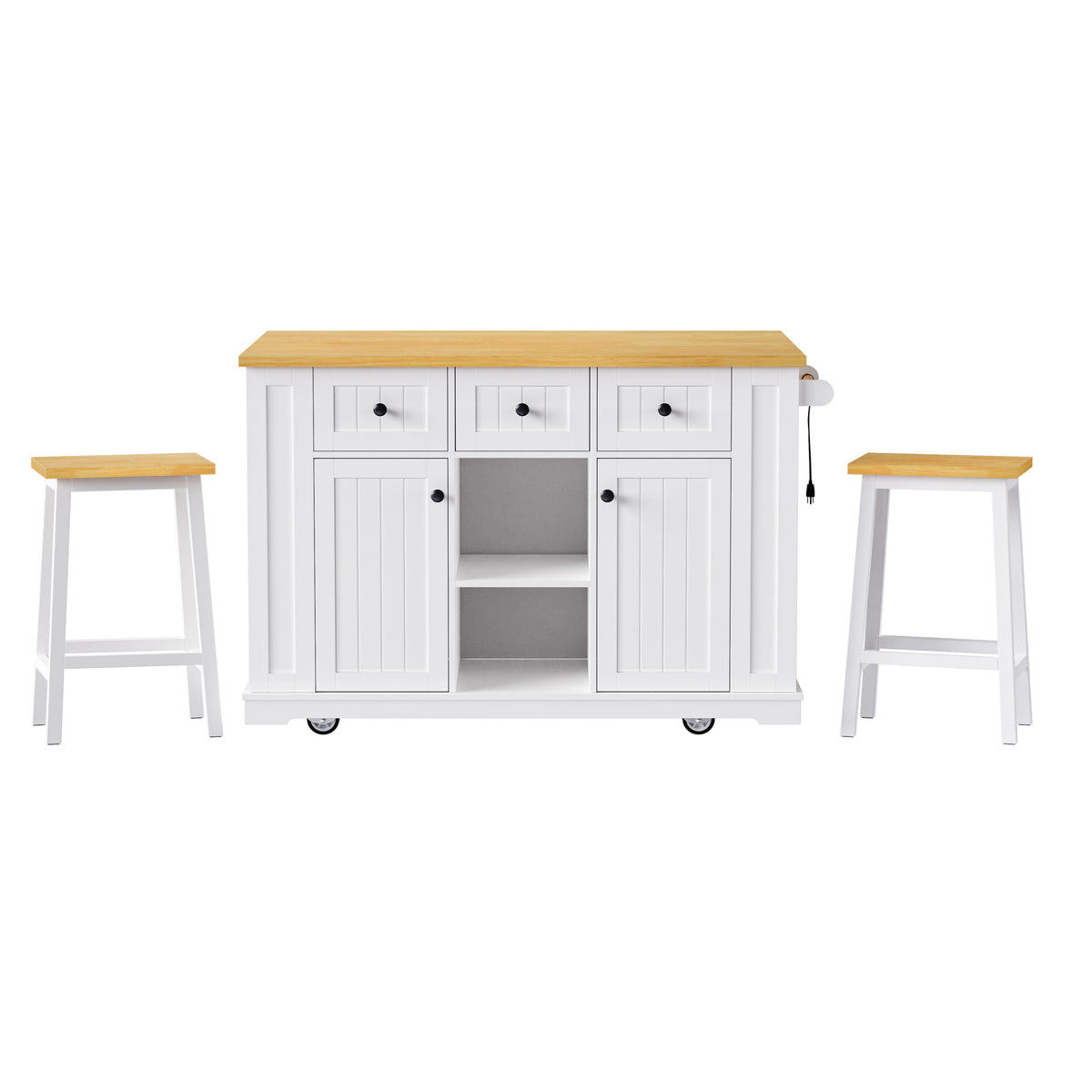 K&K 53inch Large Kitchen Island with 2 Bar Stools, Power Outlet,Door Internal Storage Rack, Kitchen Storage Cart on 5 Wheels with Drop Leaf, 5 Open Side Racks, 3 Drawers, for Kitchen,Dining Room,White N707S000007W-djyc