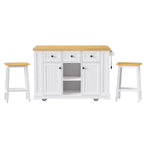K&K 53inch Large Kitchen Island with 2 Bar Stools, Power Outlet,Door Internal Storage Rack, Kitchen Storage Cart on 5 Wheels with Drop Leaf, 5 Open Side Racks, 3 Drawers, for Kitchen,Dining Room,White N707S000007W-djyc