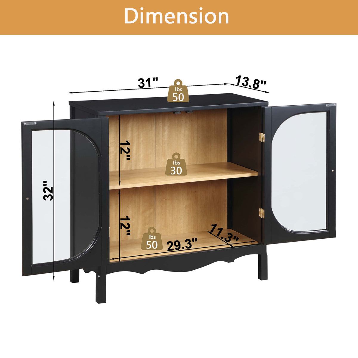 Storage Cabinet,Sideboard Buffet Cabinet,display cabinet with 2 Tempered Glass Doors, Adjustable Shelves, for Home Office, Living Room, Bedroom,Black W1998128710-djyc