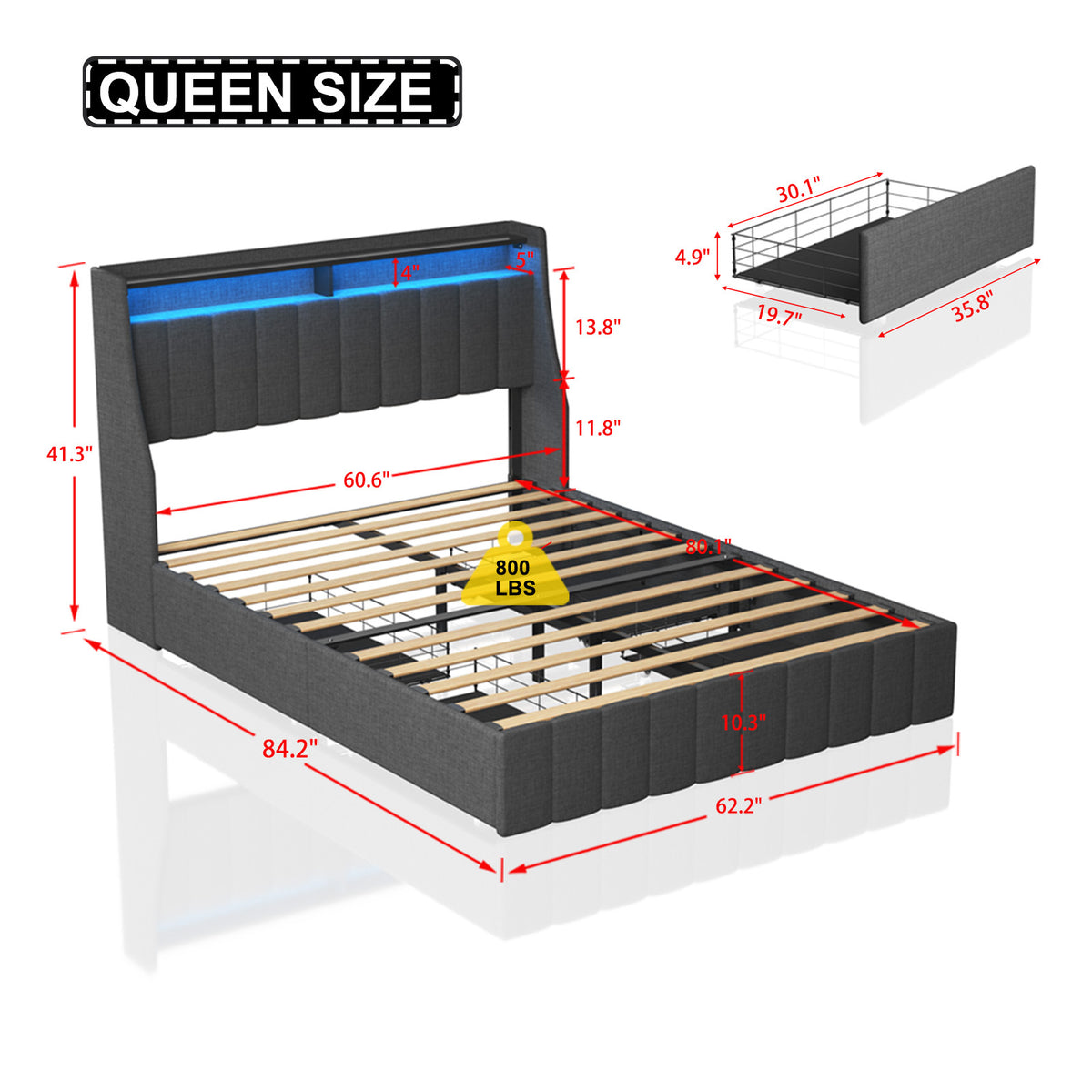 Queen Size Bed Frame with LED, 4 Under-bed Portable Storage Drawers, Wings Headboard Design, Dark Grey W1960S00004-djyc