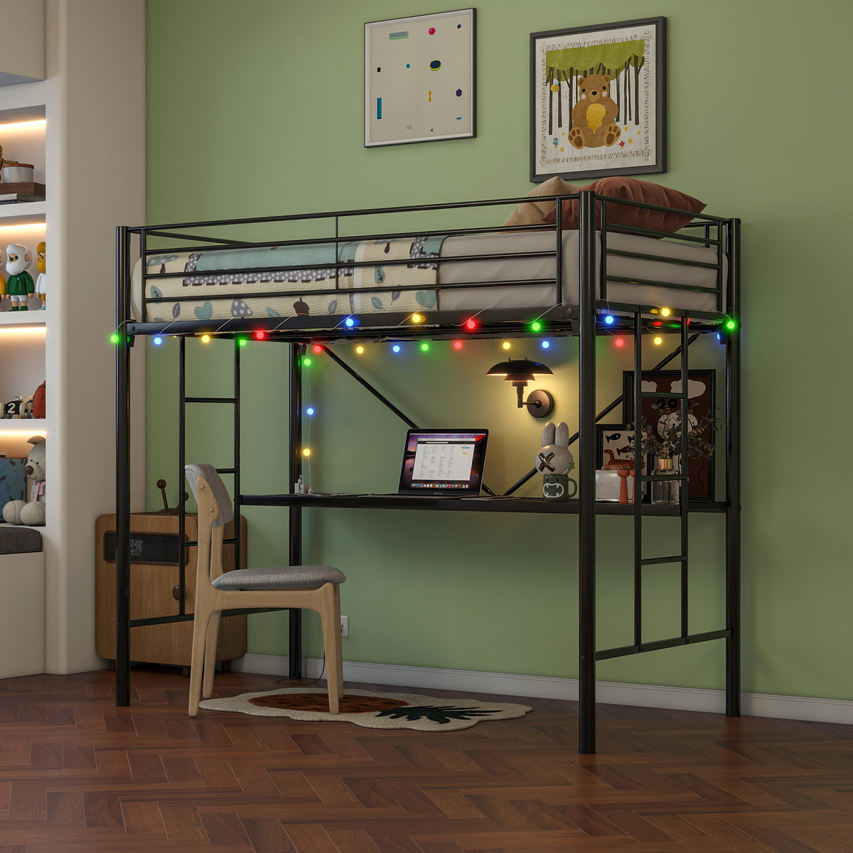 Twin Metal Loft Bed with Desk, Power Outlet and LED Lighted , Safety Guard & Ladder, No Box Spring Needed, Black W840P192240-djyc