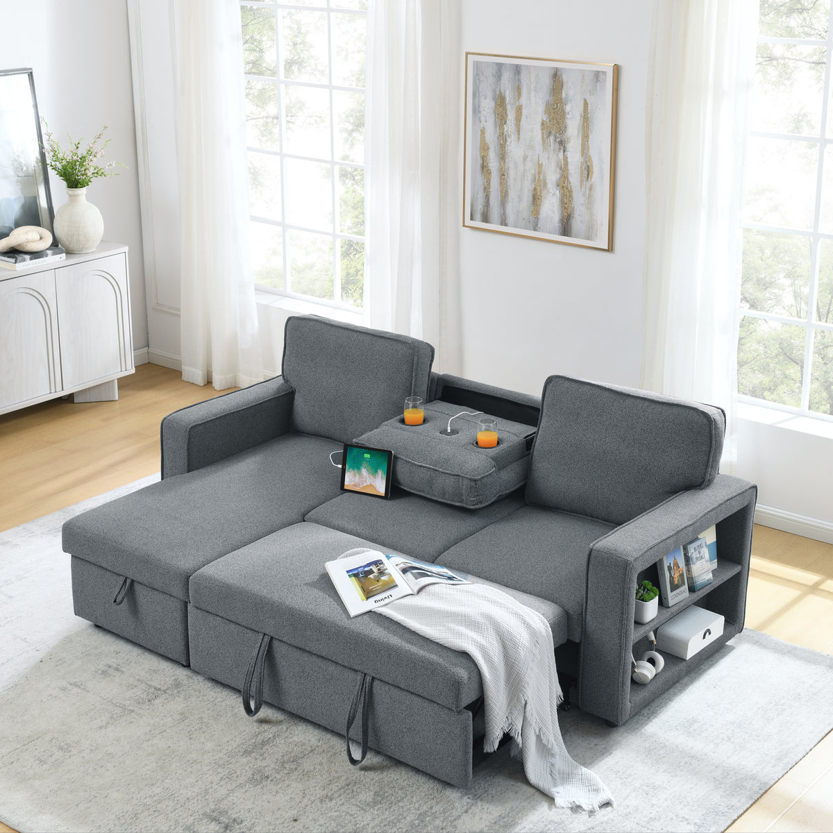 Linen Upholstered Sleeper Sectional Sofa, Shaped Modular Convertible Sofa with Storage Chaise,There are two cup holders in the middle and USB multi-interface function,Pull Out Sleep Couch Bed ,Grey W487S00245-djyc